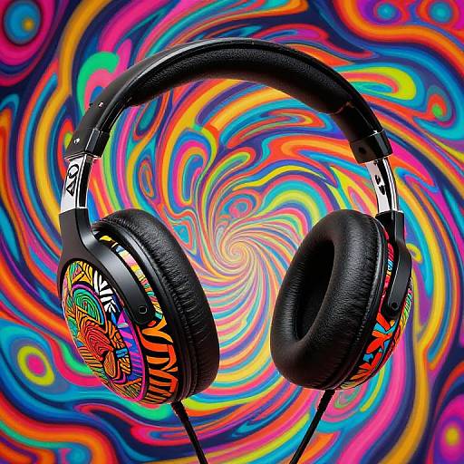 Colorful, psychedelic background with swirling patterns; black, leather headphones with vibrant, detailed designs hang in the center. Digital artwork.