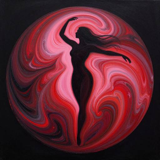 Digital painting of a black silhouetted dancer in a flowing dress, arms raised, surrounded by swirling red and pink cosmic energy against a black background