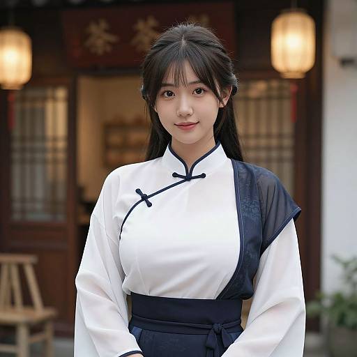 Photograph of an Asian woman with long black hair, wearing a traditional white and black Korean hanbok, standing in front of a traditional wooden building