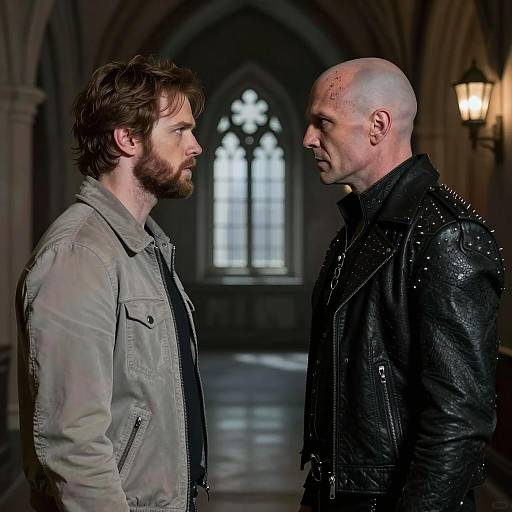 Dramatic Confrontation in Gothic Hallway