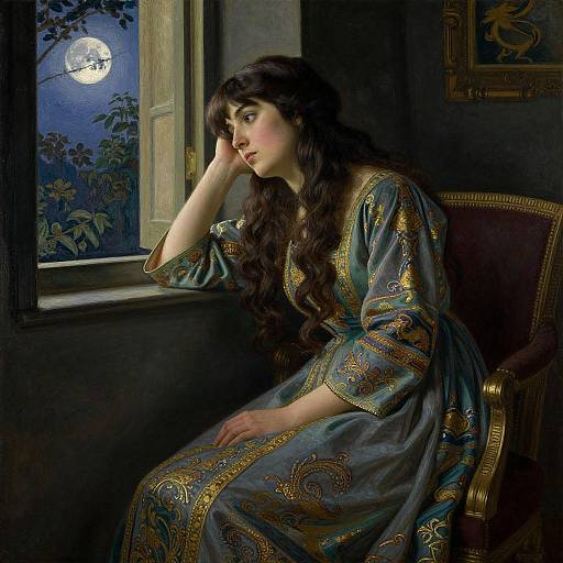 Photograph-style digital painting of a pensive woman with long, wavy dark hair, wearing an ornate blue and gold dress, sitting by a