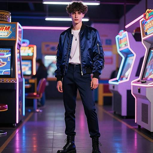 Young Male Model in Neon-lit Arcade