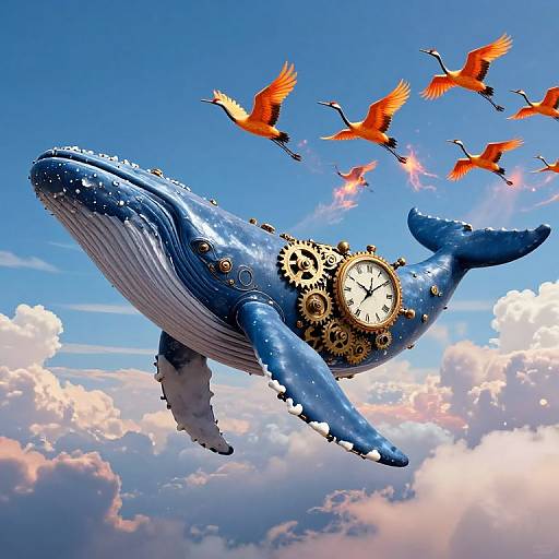 Fantastical blue whale with clock gears soaring in a bright blue sky, surrounded by vibrant orange birds, amidst fluffy clouds. Digital art.