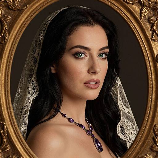 Photograph of a fair-skinned woman with green eyes, black hair, lace veil, and purple gemstone necklace, framed in an ornate gold