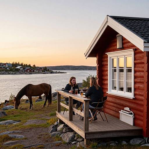 Photograph of a red wooden cabin at sunset, with two people sitting on a porch, facing a grazing brown horse by a tranquil lake.