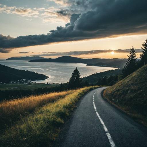 Winding Road Along Coastal Hills at Sunset