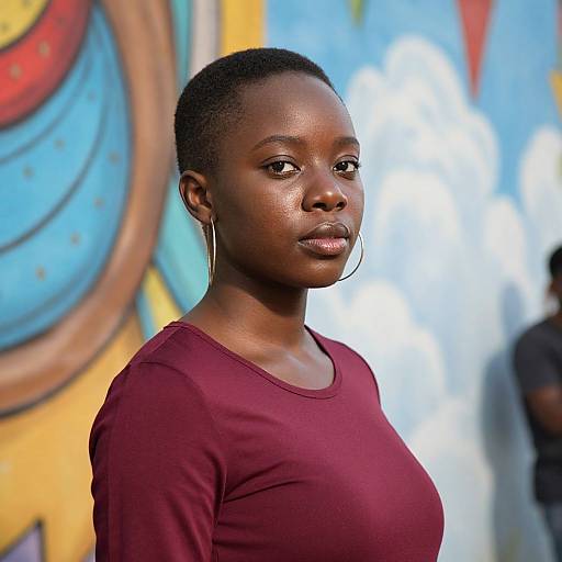 Photograph of a dark-skinned Black woman with short natural hair, wearing a maroon top and large hoop earrings, standing against a colorful, abstract