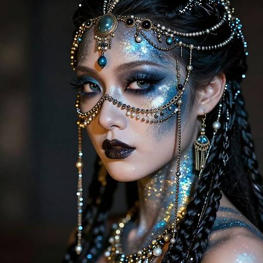 Photograph of a dark-haired woman with braids, wearing glittery blue and black face paint, gold and turquoise jeweled headpiece, and black