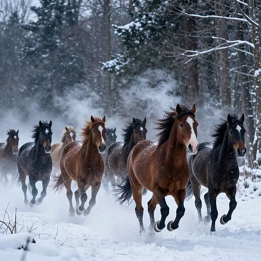 Photograph of a herd of galloping horses with varying brown and black coats, racing through a snowy forest with snow-covered trees in the background.