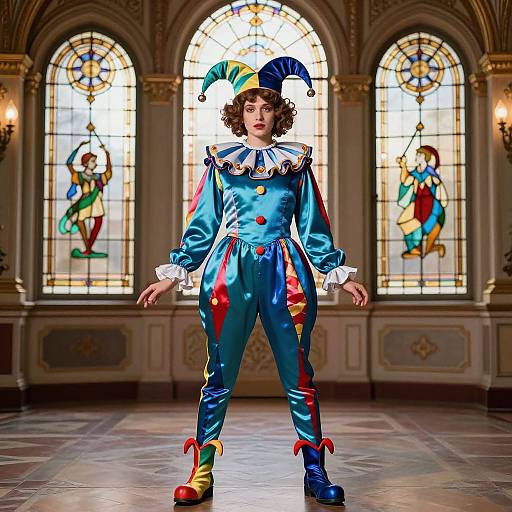 Colorful Jester Portrait in Ornate Hall