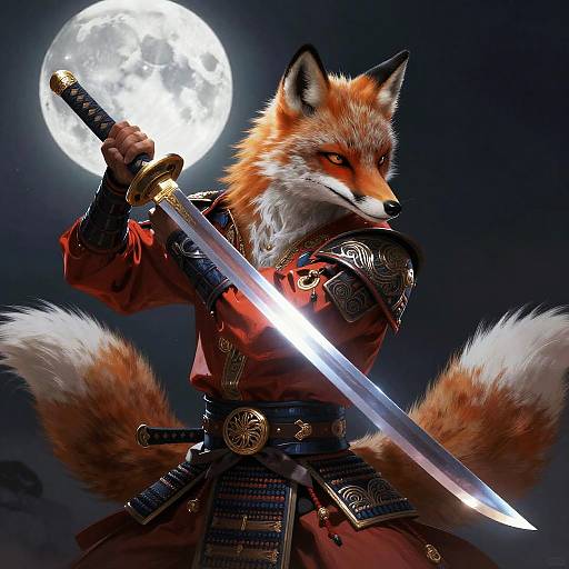 Digital artwork of a fierce, anthropomorphic fox warrior with orange fur, wearing ornate red armor, holding a glowing sword under a bright full moon.
