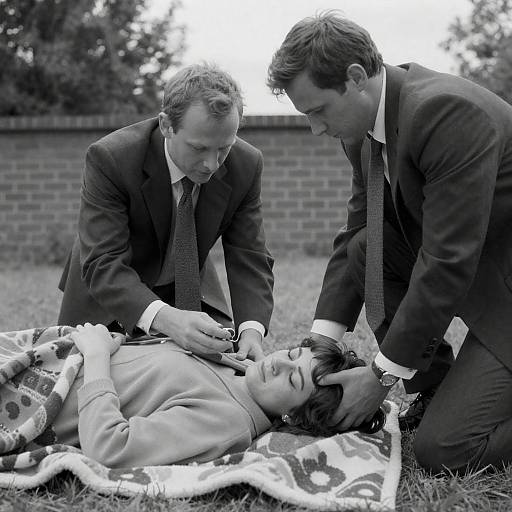 Men Assisting Woman on Ground Outdoors