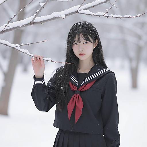 Girl in Black Sailor Uniform in Snowy Forest