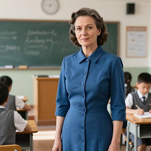 Photograph of a mature woman with short brown hair in a blue button-up dress standing in a classroom, with students seated at desks in the background.