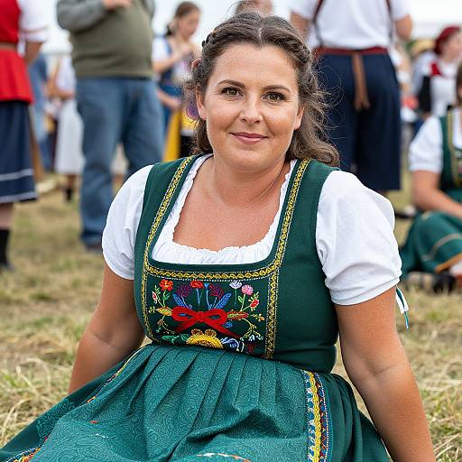 Photograph of a smiling, brown-haired woman in a traditional German dirndl with green dress, white blouse, and colorful embroidery, seated outdoors at a