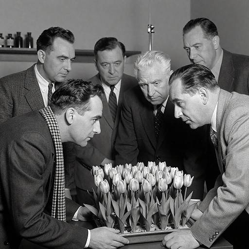 1940s Men Examining Tulips in Black-and-White