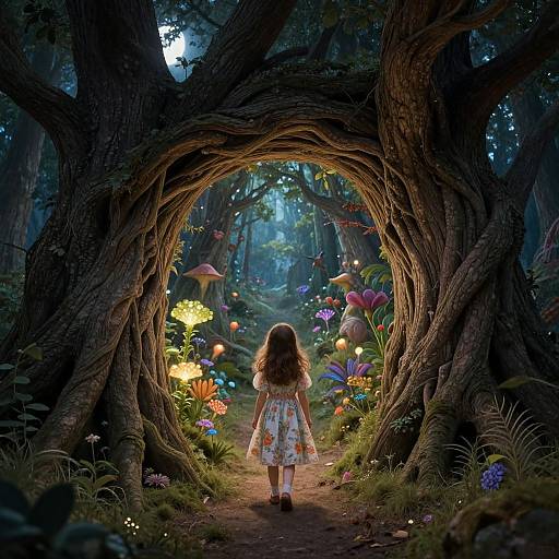Photograph-like digital artwork: A young girl with long brown hair in a floral dress walks through a magical forest archway, surrounded by glowing, colorful