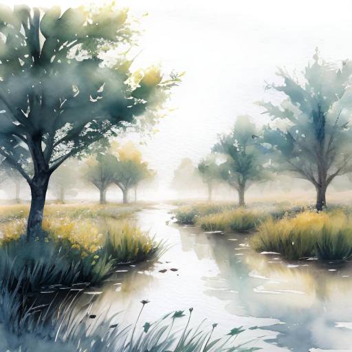 Watercolor Sketch of a Misty Riverbank