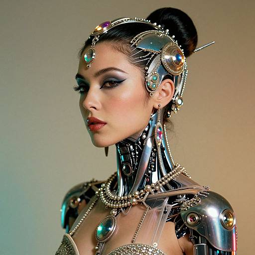 Photograph of a cyberpunk woman with dark hair in an updo, wearing metallic cybernetic headgear and jewelry, featuring glowing gemstones,