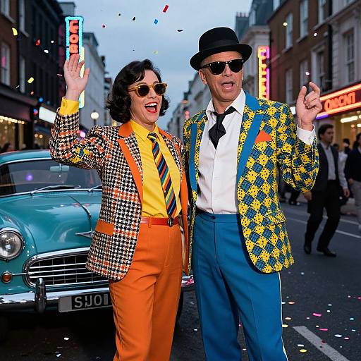 Photograph of a retro-circus couple on a street, woman in orange pants and checkered jacket, man in blue pants and yellow checkered