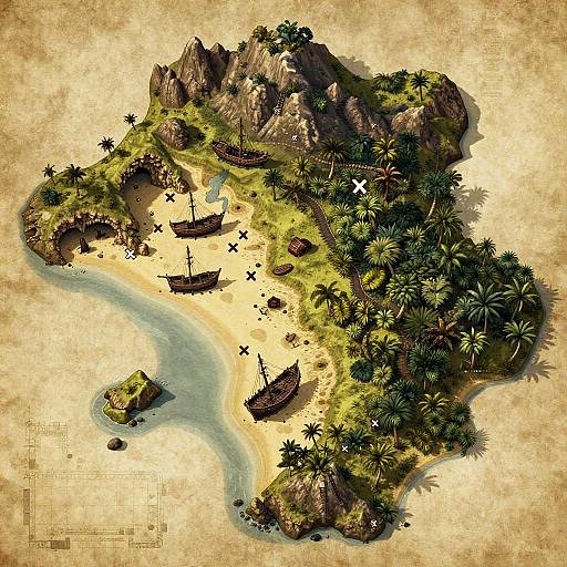 Aerial view of a detailed, fantasy island with rocky cliffs, sandy beaches, palm trees, and wooden boats, on vintage parchment-style background. Digital