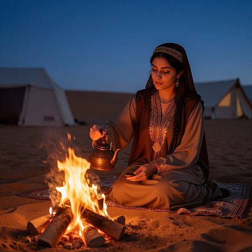 Photograph of a young woman in traditional Middle Eastern attire, sitting by a campfire at dusk, pouring water from a metal kettle. Background features tents