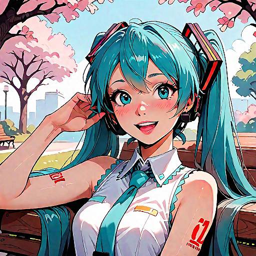 Anime Girl with Turquoise Hair Sitting on Park Bench