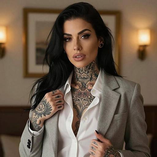 Tattooed Woman in Gray Blazer