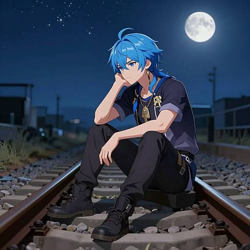 Contemplative Blue-Haired Guy on Rail