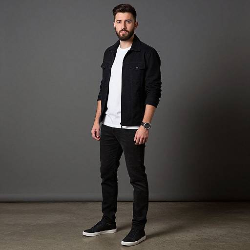 Photograph of a handsome, bearded man with short brown hair, wearing a black jacket, white shirt, black pants, and black sneakers, standing