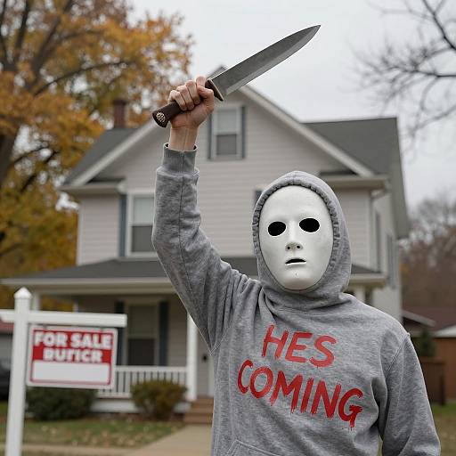 Eerie Mask with Knife Near House