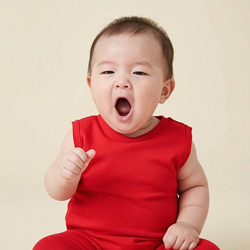 Photograph of a baby with short black hair, wearing a bright red sleeveless shirt, sitting against a plain white background, mouth open in an expression