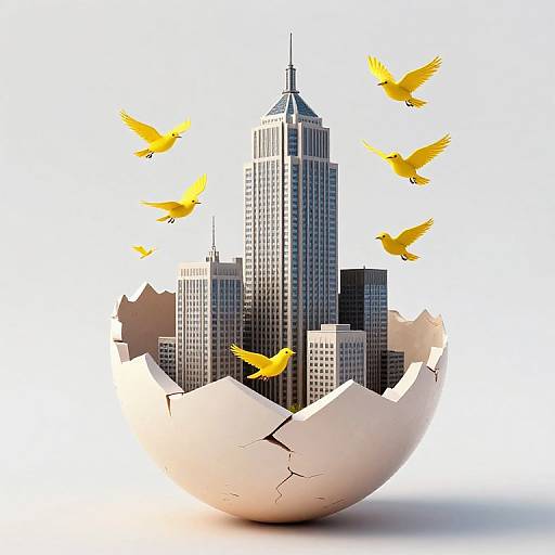 Photograph of a cracked white egg shell encasing a tall, detailed cityscape with yellow birds flying around it.
