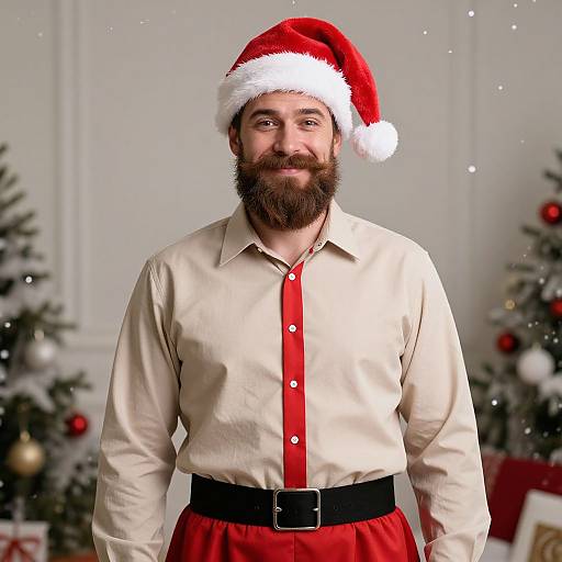 Photograph of a bearded man with a Santa hat, beige shirt, red waistcoat, and black belt, standing in a festive room with Christmas