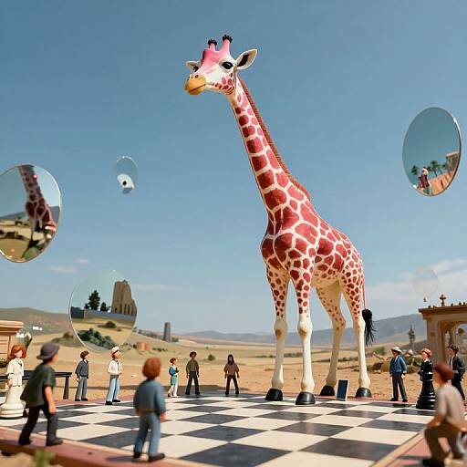 Digital artwork of a giant giraffe with red and white spots standing on a checkered chessboard, surrounded by people and floating mirrors, against a bright