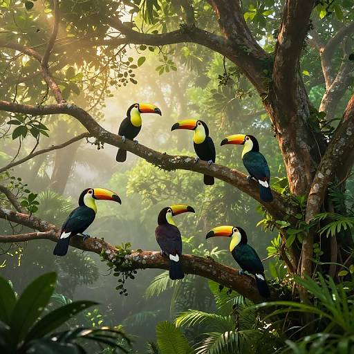 Photograph of five vibrant toucans with black and yellow plumage perched on a sunlit, misty tree branch in a lush, dense