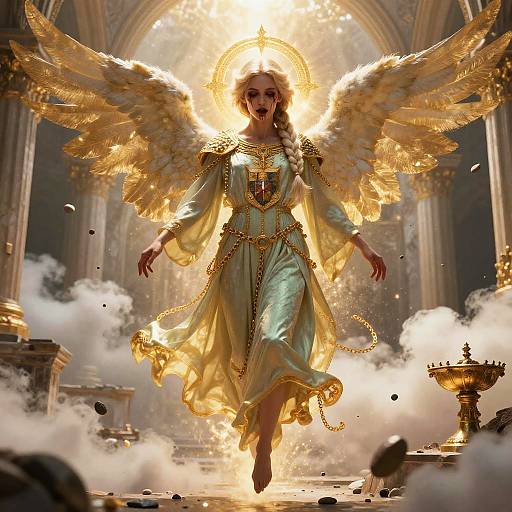 Digital artwork of a radiant angelic woman with golden wings, flowing mint-green robe, glowing halo, and chains, floating amidst clouds in a grand,