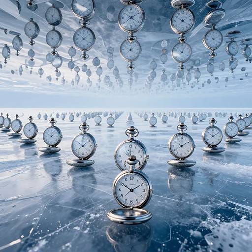 Photograph of numerous hanging and standing silver pocket watches in a blue-tinted, reflective room, creating a surreal, time-themed atmosphere.
