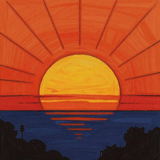 Digital painting of a vibrant sunset with a large, glowing orange-yellow sun, radiating lines, and reflected sunspots on a dark blue ocean, surrounded