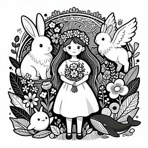 Black and white ink drawing of a girl in a floral dress, adorned with a crown, surrounded by rabbits and flowers.