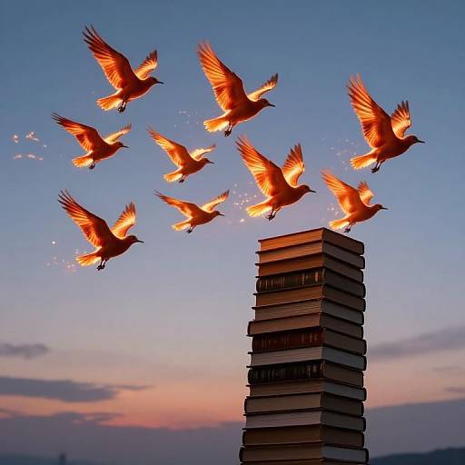 Photograph of seven glowing birds flying around a towering stack of books against a twilight sky, with pink and blue hues.