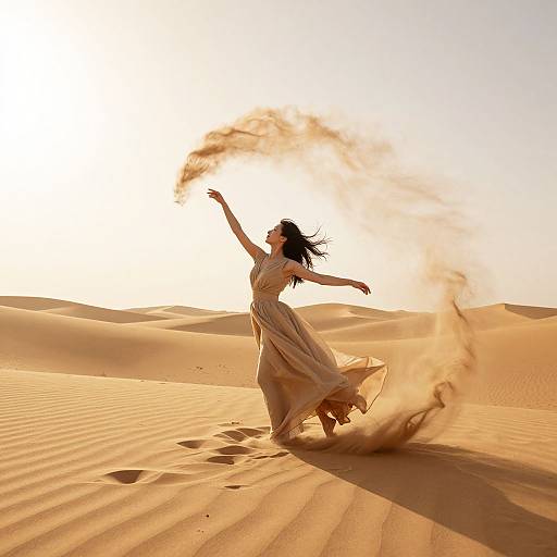 Photograph of a woman in a flowing beige dress dancing in a sunlit desert, raising an arm, with sand swirling around her.