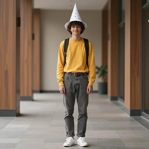 Teenager Wearing Party Cone Hat in Modern Hallway