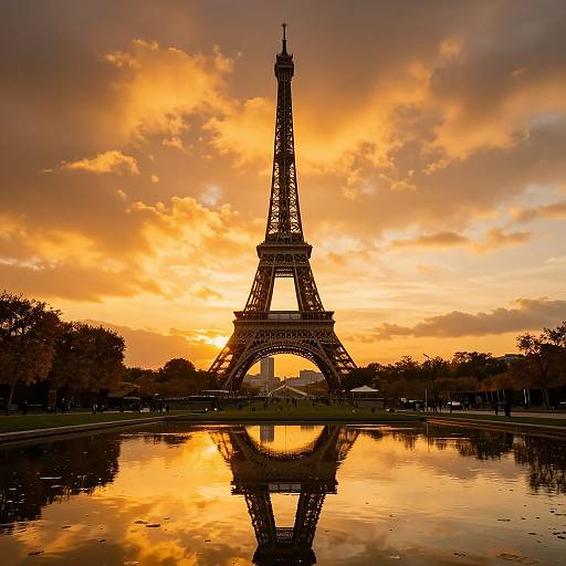 Photograph of the Eiffel Tower silhouetted against a vibrant orange and yellow sunset, with its reflection in a calm, mirror-like pond