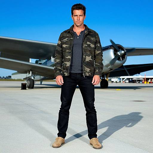 Photograph of a muscular man with short brown hair, wearing a camo jacket, black shirt, jeans, and tan shoes, standing confidently in front
