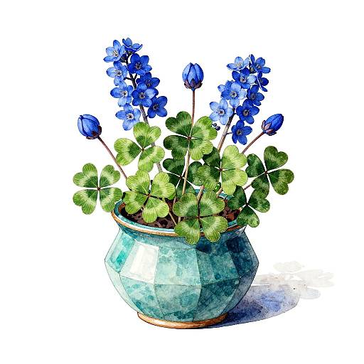 Watercolor painting of a green ceramic vase with blue flowers and green leaves, white background, delicate and vibrant colors.