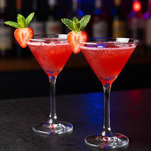 Photograph of two vibrant red cocktails in martini glasses, garnished with strawberry slices and mint leaves, on a black bar counter with a blurred colorful