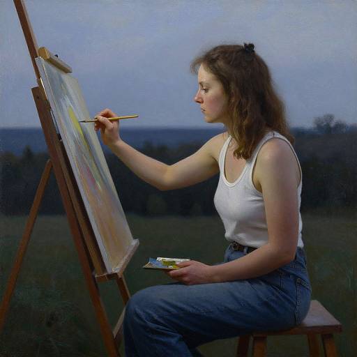 Photograph of a Caucasian woman with curly brown hair, wearing a white tank top and blue jeans, painting outdoors on an easel at dusk.