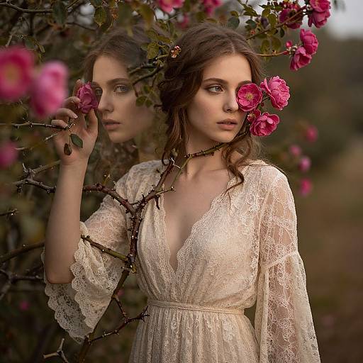Photograph of a young woman with fair skin and brown hair, wearing a lace, V-neck, cream dress, holding pink roses, reflected in a