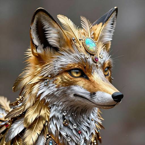 Detailed digital painting of a regal, golden-furred fox with piercing amber eyes, adorned with a turquoise gem and jeweled feathers, set against a
